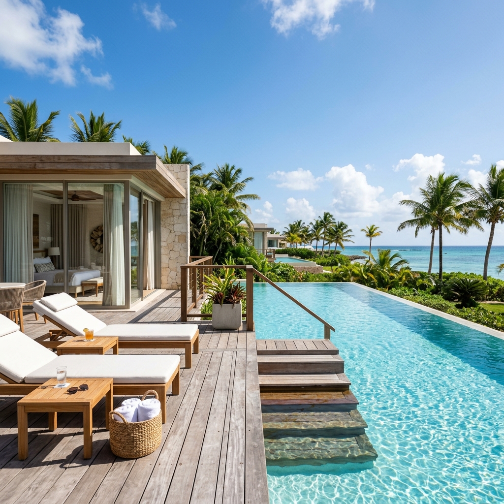 Ultra-luxury swim-up suite terrace with steps leading into a crystal-clear infinity pool at Hyatt Zilara Cap Cana, Dominican Republic resort